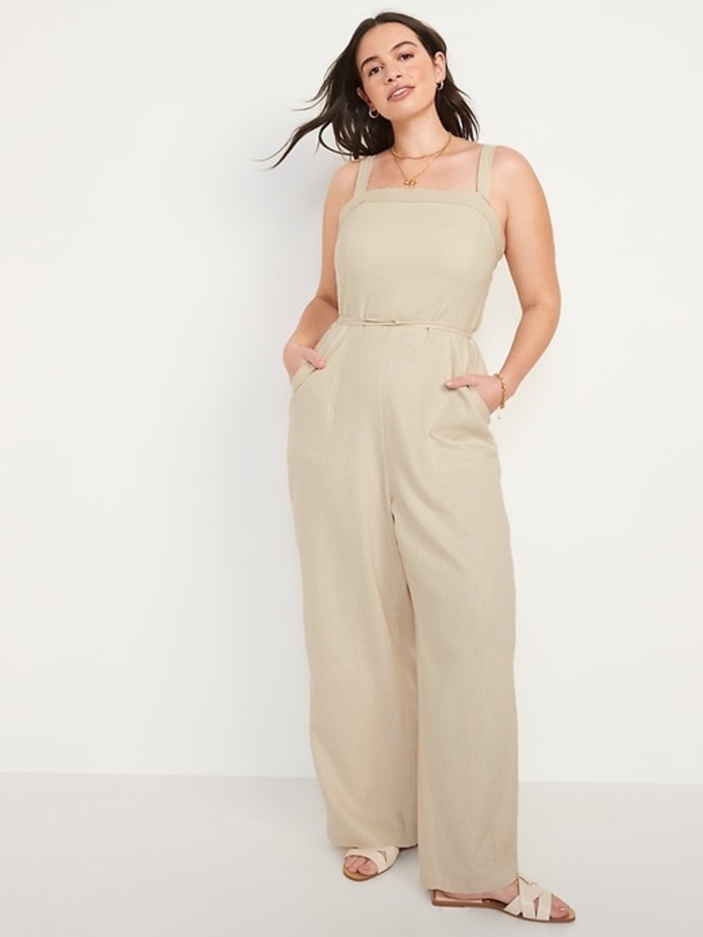 Old Navy Linen Blend Wide Leg Cami Jumpsuit Ecru Smocked Back Large